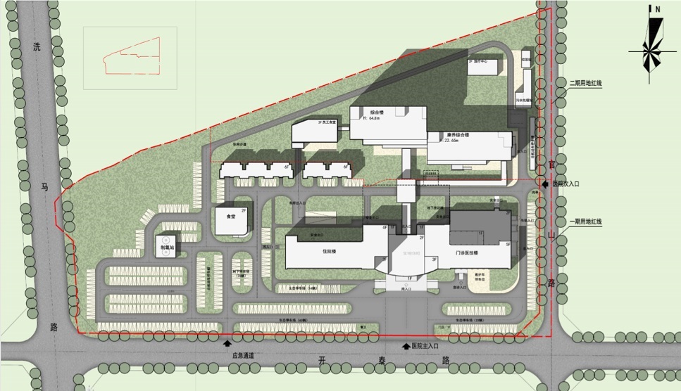 包含医院一、二、三期的总平面布局图